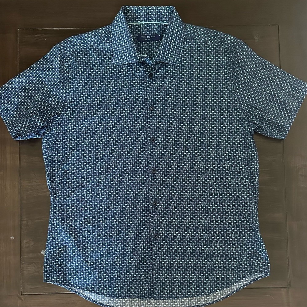 Stone Rose Navy Flamingo Print Stretch Button Down Shirt Small Preppy Casual